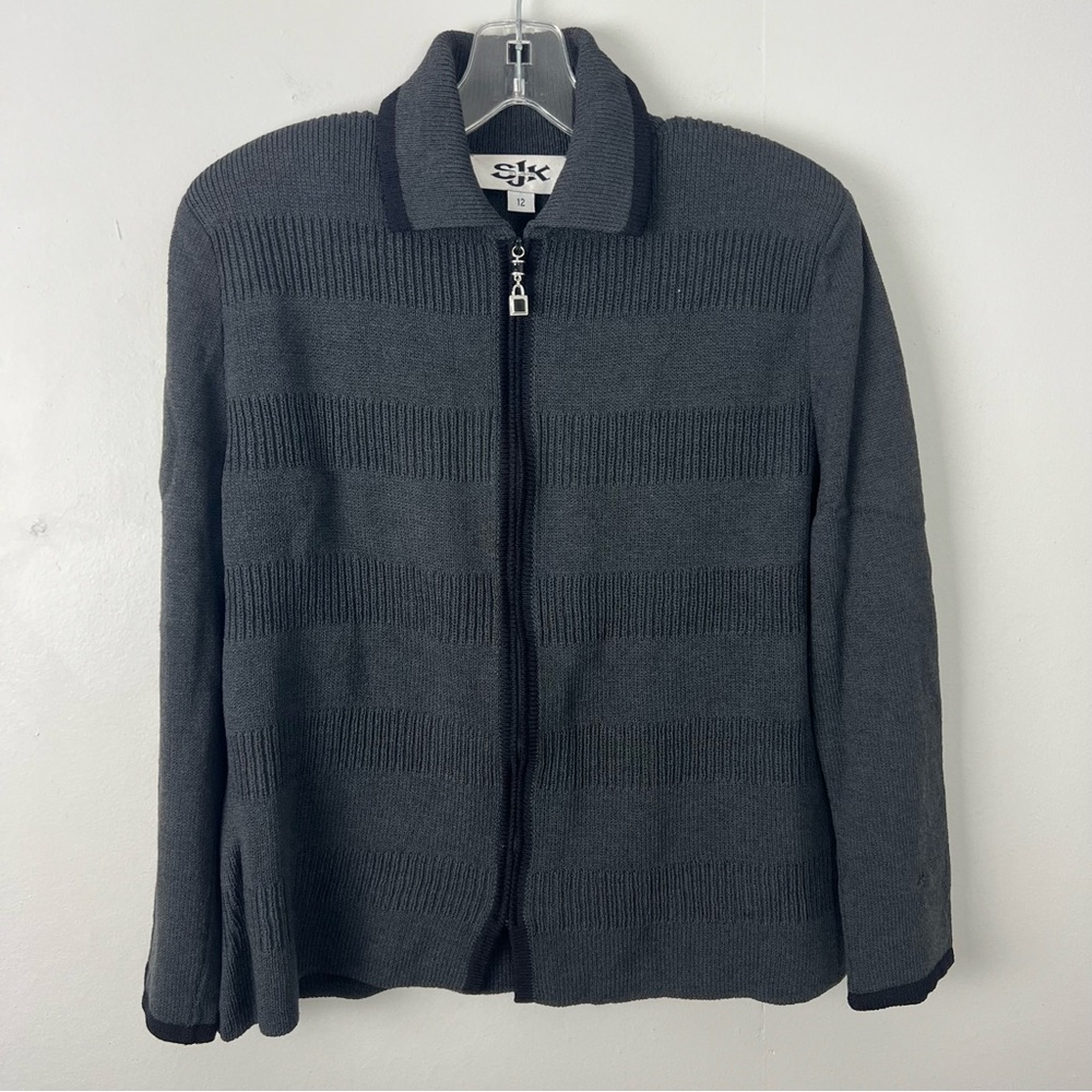 Vintage St. John Charcoal Ribbed Knit Zip Cardigan